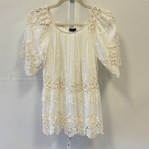 Lola Italy White Silk Blend Crochet Lace Tunic Top Boho Embroidered Blouse Med